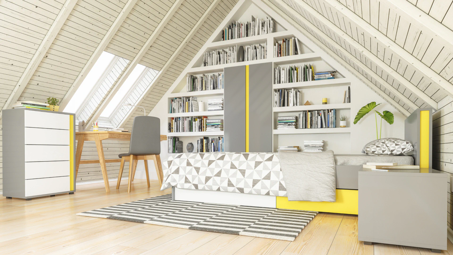 attic converted to a modern white theme bedroom with built in wooden bookshelf